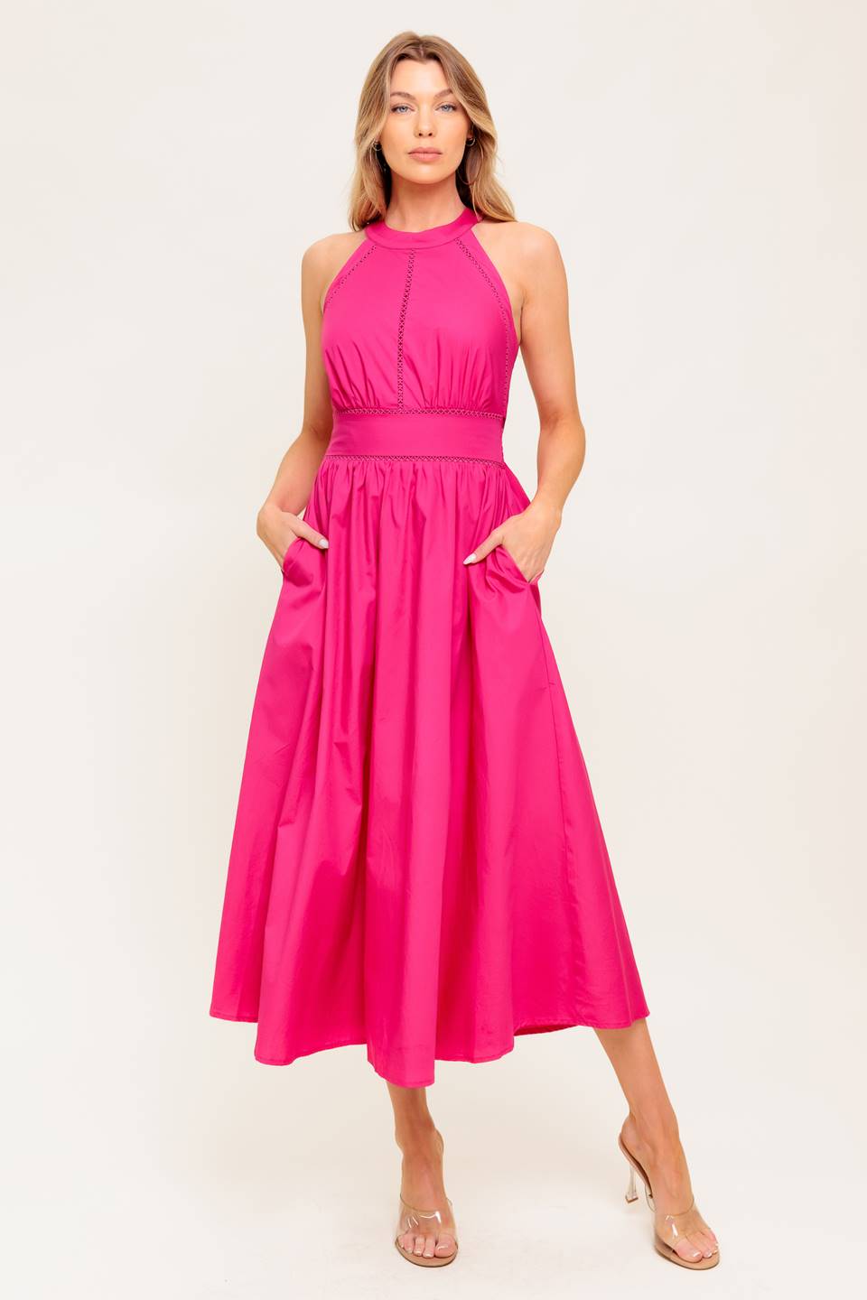 PEONY TOUCH FUCHSIA WOVEN MIDI DRESS Flying Tomato